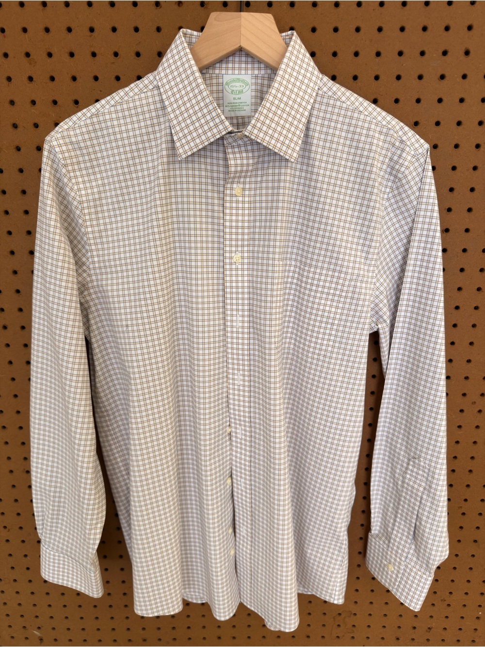 Brooks Brothers Slim Non-Iron Stretch Supima Shirt Gold Blue Tattersall 15.5 33